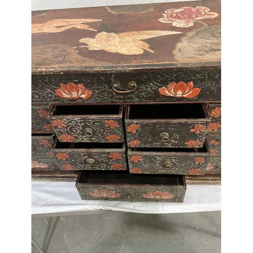 505 - ANTIQUE ORIENTAL TRAVELLING CHEST OF 12 DRAWERS WITH LACQUERED FLORAL DECORATION A/F W32