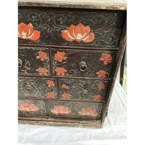 505 - ANTIQUE ORIENTAL TRAVELLING CHEST OF 12 DRAWERS WITH LACQUERED FLORAL DECORATION A/F W32