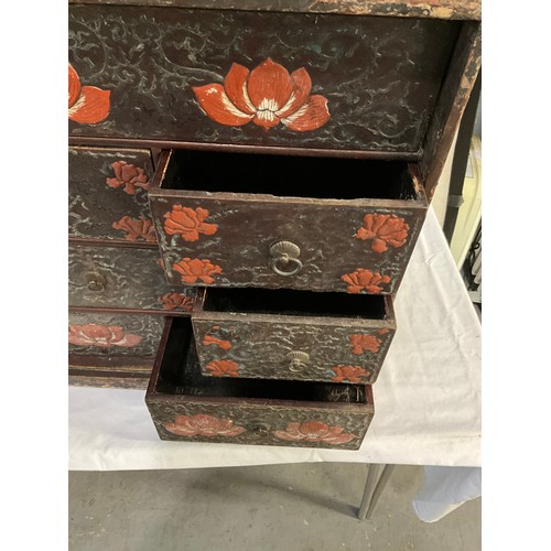 505 - ANTIQUE ORIENTAL TRAVELLING CHEST OF 12 DRAWERS WITH LACQUERED FLORAL DECORATION A/F W32