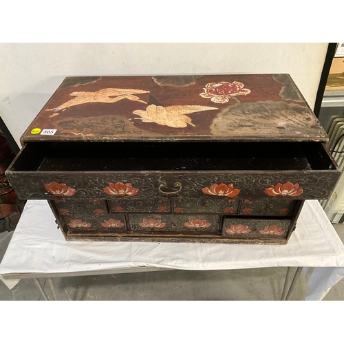 505 - ANTIQUE ORIENTAL TRAVELLING CHEST OF 12 DRAWERS WITH LACQUERED FLORAL DECORATION A/F W32