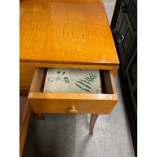 508 - VINTAGE BURR MAPLE BADGED HEALS  DRESSING TABLE WITH MATCHING STOOL W45