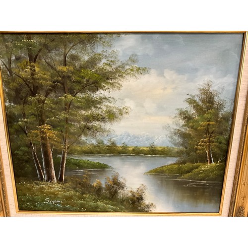 509 - MODERN GILT FRAMED OILS ON CAVAS OF RIVER SCENE SIGNED SIMON 29