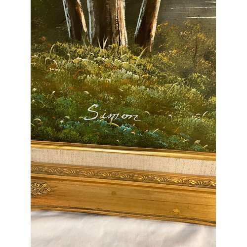 509 - MODERN GILT FRAMED OILS ON CAVAS OF RIVER SCENE SIGNED SIMON 29