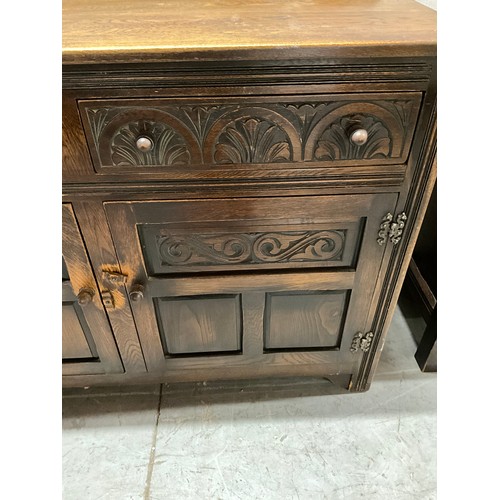 519 - VINTAGE OAK PRIORY STYLE SIDEBOARD WITH 2 DRAWERS OVER 2 DOORS WITH CARVED DECORATION H36