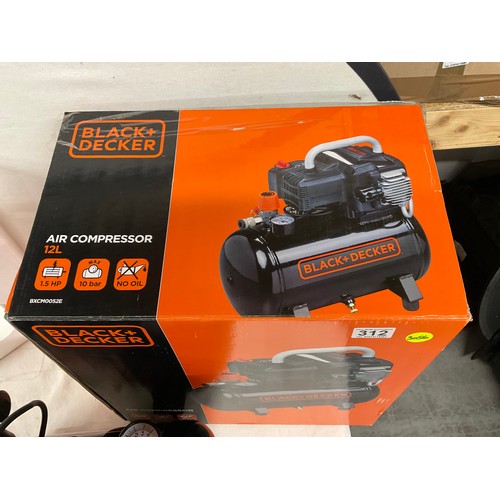 312 - BLACK AND DECKER 12L AIR COMPRESSOR WITH 1.5 HORSE POWER AND 10 BAR PRESSURE
**BRAND NEW IN BOX **