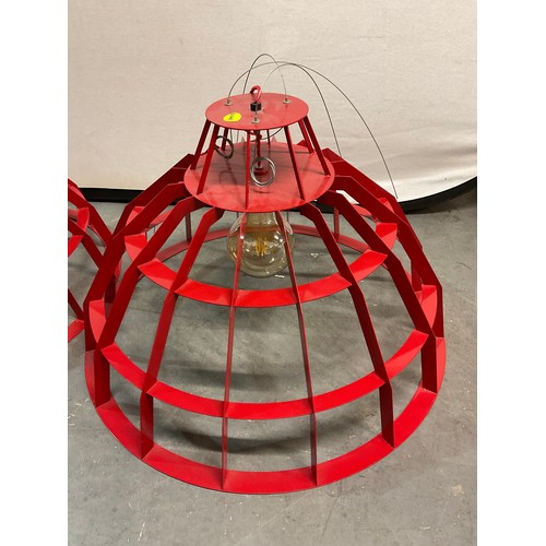 315 - TWO LARGE RED PAINTED INDUSTRIAL HANGING LIGHT FITTINGS