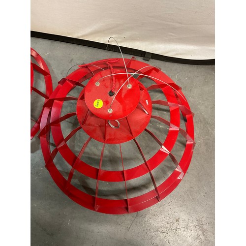 315 - TWO LARGE RED PAINTED INDUSTRIAL HANGING LIGHT FITTINGS