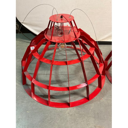 315 - TWO LARGE RED PAINTED INDUSTRIAL HANGING LIGHT FITTINGS