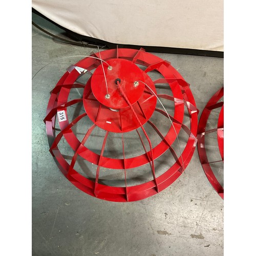 315 - TWO LARGE RED PAINTED INDUSTRIAL HANGING LIGHT FITTINGS