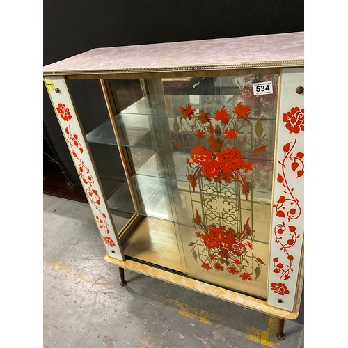 534 - RETRO 1950S GLASS FRONTED DISPLAY CABINET WIH FLORAL DECORATION W30