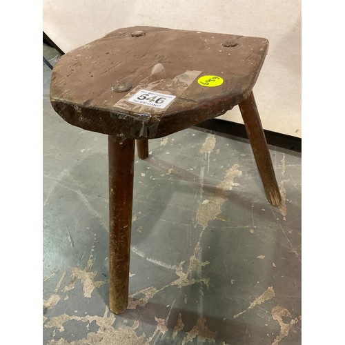 546 - EARLY THREE LEGGED MILKING STOOL WITH ORIGINAL PAINT WITH INITIALS J.W STAMPED TO TOP H11