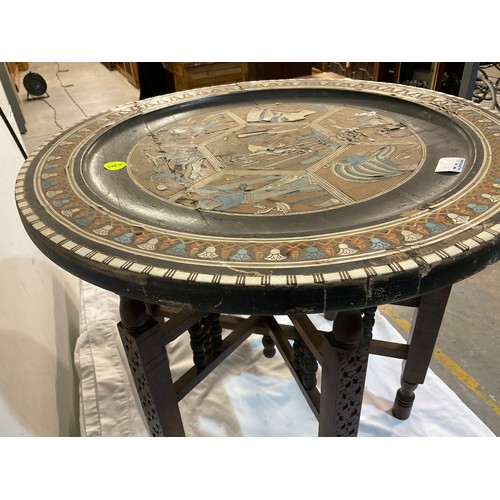 561 - VINTAGE FOLDING GYPSY TABLE WITH ORNATE INLAID EGYPTIAN TOP A/F W23