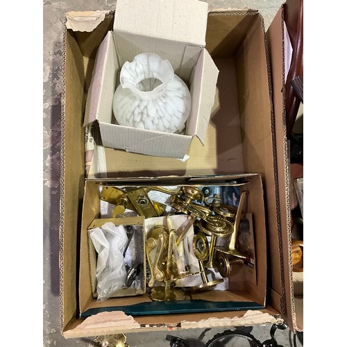 343 - TWO BOXES OF VARIOUS LIGHT FITTINGS ,BRASS DOOR HANDLES ETC