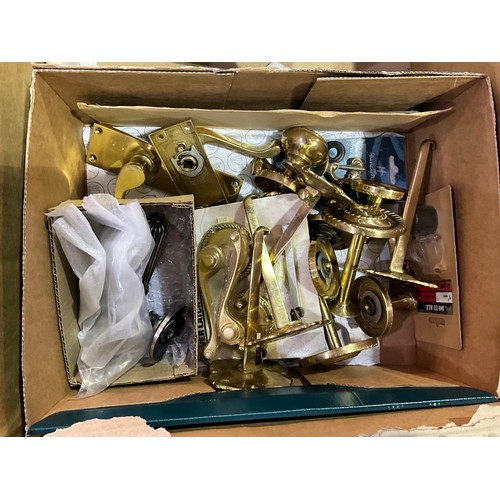 343 - TWO BOXES OF VARIOUS LIGHT FITTINGS ,BRASS DOOR HANDLES ETC