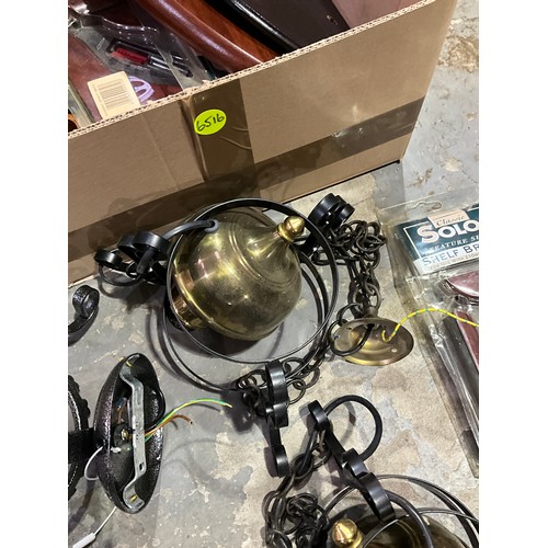 343 - TWO BOXES OF VARIOUS LIGHT FITTINGS ,BRASS DOOR HANDLES ETC