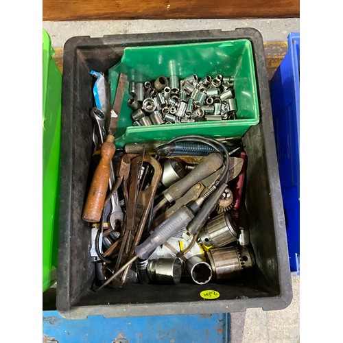 349 - TWO CRATES OF VINTAGE HARDWARE AND TOOLS ETC