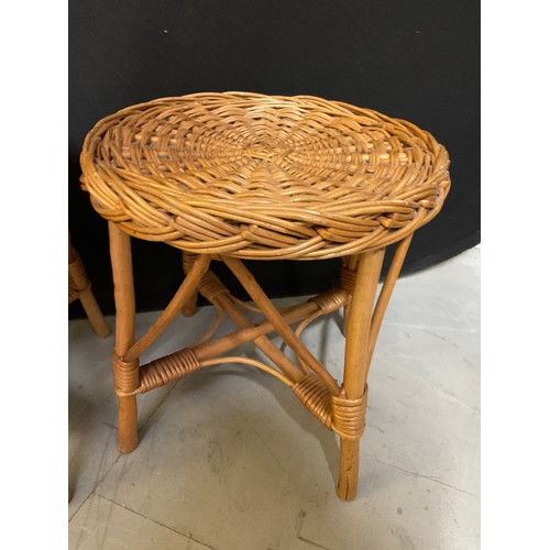 402 - TWO ROUND WICKER SIDE TABLES AND WOODEN STOOL