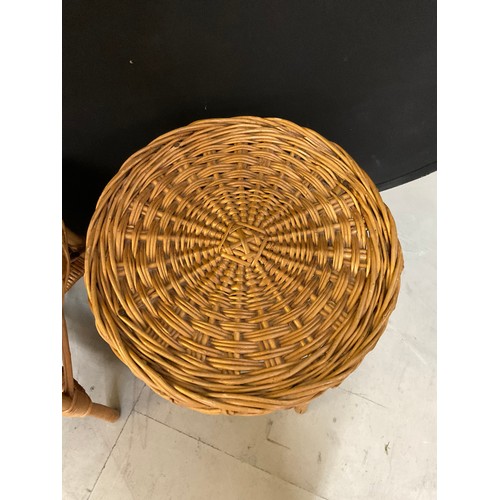 402 - TWO ROUND WICKER SIDE TABLES AND WOODEN STOOL