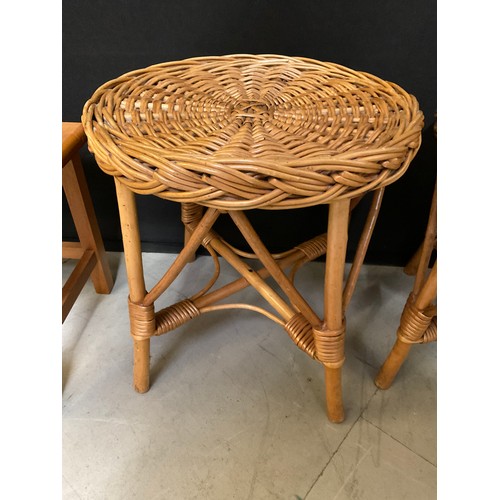 402 - TWO ROUND WICKER SIDE TABLES AND WOODEN STOOL