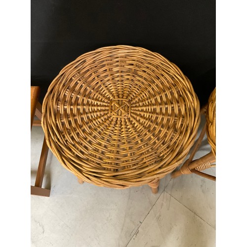 402 - TWO ROUND WICKER SIDE TABLES AND WOODEN STOOL