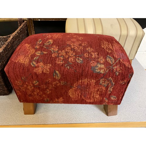 403 - TWO UPHOLSTERED FOOT STOOLS WOODEN FOLDING CHAIR,WICKER BASKET