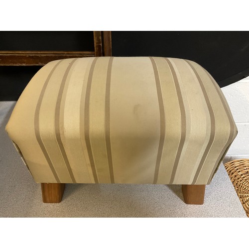 403 - TWO UPHOLSTERED FOOT STOOLS WOODEN FOLDING CHAIR,WICKER BASKET