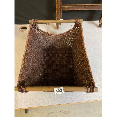 403 - TWO UPHOLSTERED FOOT STOOLS WOODEN FOLDING CHAIR,WICKER BASKET