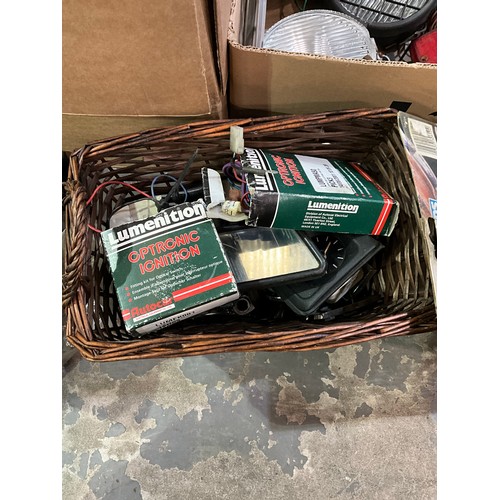 353 - TWO BOXES OF VARIOUS CAR PARTS TOOLS LIGHTS ETC