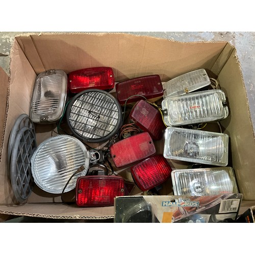 353 - TWO BOXES OF VARIOUS CAR PARTS TOOLS LIGHTS ETC