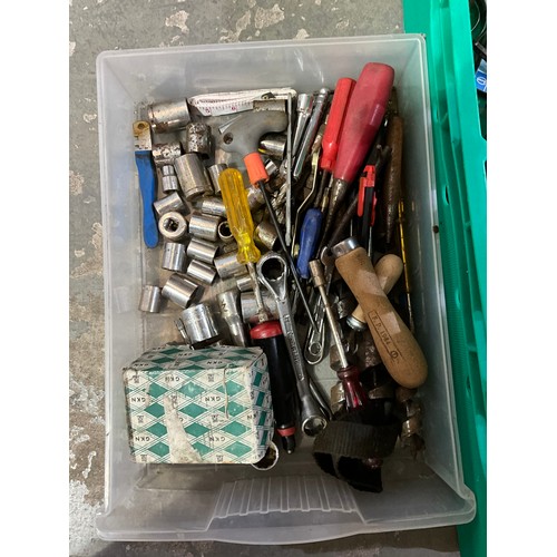 354 - TWO PLASTIC CRATES OF VARIOUS HARDWARE AND TOOLS,SOCKETS ETC