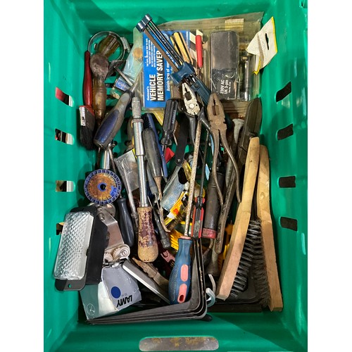 354 - TWO PLASTIC CRATES OF VARIOUS HARDWARE AND TOOLS,SOCKETS ETC