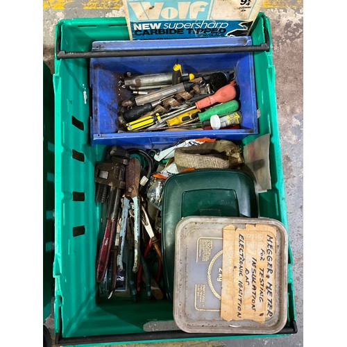 354 - TWO PLASTIC CRATES OF VARIOUS HARDWARE AND TOOLS,SOCKETS ETC