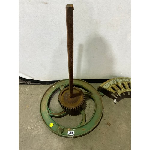 361 - VINTAGE WHEEL  AXLE AND GRINDING WHEEL COVER