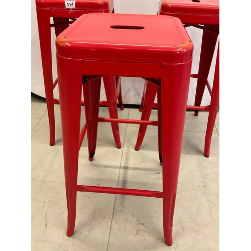 414 - SET OF 3 RED PAINTED METAL BAR STOOLS H30”