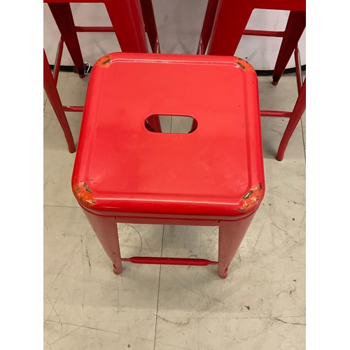 414 - SET OF 3 RED PAINTED METAL BAR STOOLS H30”