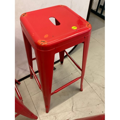 414 - SET OF 3 RED PAINTED METAL BAR STOOLS H30”