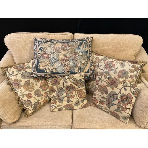 420 - BEIGE FABRIC TWO SEATER SOFA WITH CUHSIONS