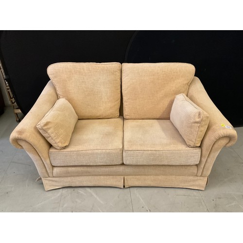 420 - BEIGE FABRIC TWO SEATER SOFA WITH CUHSIONS