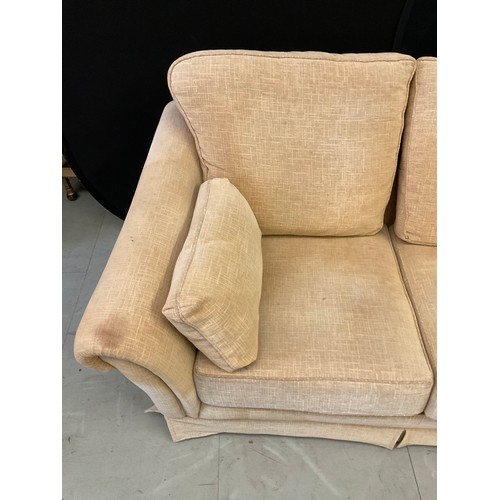 420 - BEIGE FABRIC TWO SEATER SOFA WITH CUHSIONS