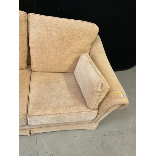 420 - BEIGE FABRIC TWO SEATER SOFA WITH CUHSIONS