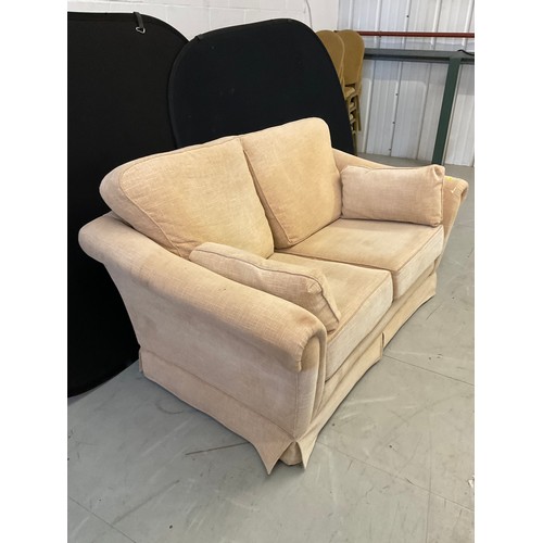 420 - BEIGE FABRIC TWO SEATER SOFA WITH CUHSIONS