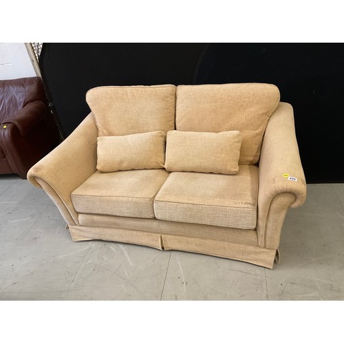 420 - BEIGE FABRIC TWO SEATER SOFA WITH CUHSIONS