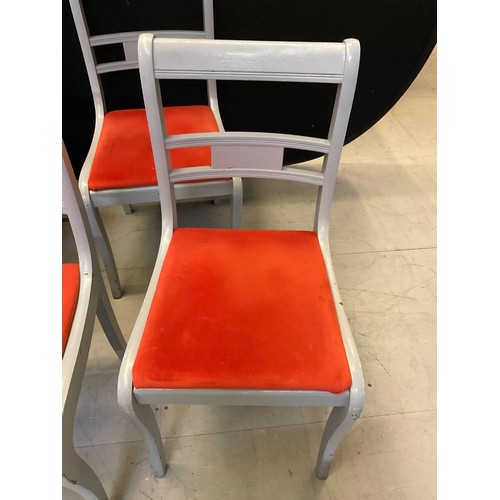 435 - SEVEN GREY PAINTED WOODEN CHAIRS WITH ORANGE UPHOLSTERED SEATS