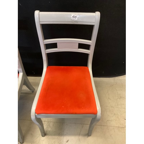 435 - SEVEN GREY PAINTED WOODEN CHAIRS WITH ORANGE UPHOLSTERED SEATS