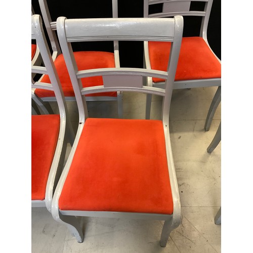 435 - SEVEN GREY PAINTED WOODEN CHAIRS WITH ORANGE UPHOLSTERED SEATS