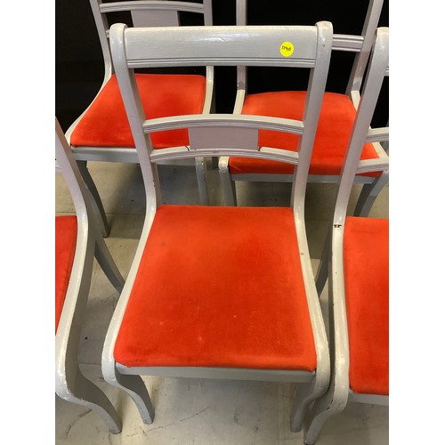 435 - SEVEN GREY PAINTED WOODEN CHAIRS WITH ORANGE UPHOLSTERED SEATS