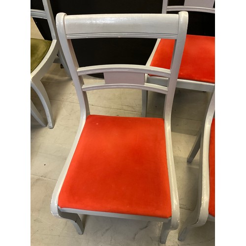 435 - SEVEN GREY PAINTED WOODEN CHAIRS WITH ORANGE UPHOLSTERED SEATS