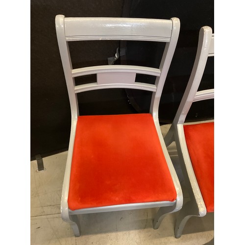 435 - SEVEN GREY PAINTED WOODEN CHAIRS WITH ORANGE UPHOLSTERED SEATS