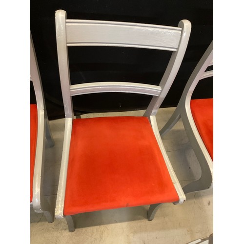 435 - SEVEN GREY PAINTED WOODEN CHAIRS WITH ORANGE UPHOLSTERED SEATS