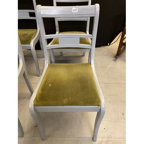 437 - FOUR GREY PAINTED WOODEN CHAIRS WITH GREEN UPHOLSTERED SEATS